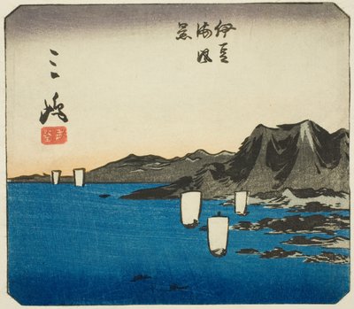 Mishima, deel van blad nr. 3 uit de serie "Uitgeknipte afbeeldingen van de Tokaido (Tokaido harimaze zue)" door Utagawa Hiroshige