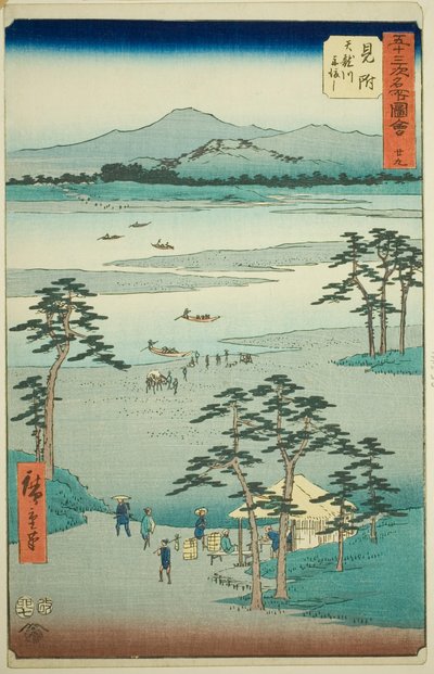 Mitsuke: Veerboot op de Tenryu-rivier, nr. 29 uit de serie "Beroemde bezienswaardigheden van de drieënvijftig stations," ook bekend als de Verticale Tokaido door Utagawa Hiroshige