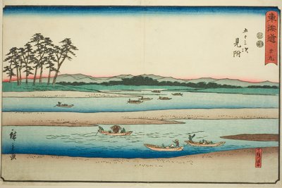 Mitsuke: Veerboten op de Tenryu-rivier (Mitsuke, Tenryugawa no funawatashi)—Nr. 29, uit de serie "Drieënvijftig Stations van de Tokaido (Tokaido gojusan tsugi)," ook bekend als de Reisho Tokaido door Utagawa Hiroshige