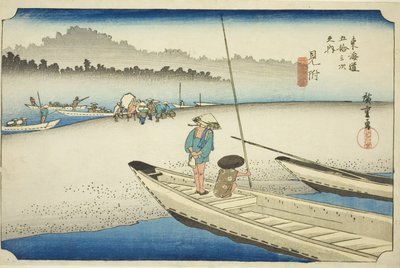 Mitsuke: Zicht op de Tenryu Rivier (Mitsuke, Tenryugawa zu), uit de serie "Drieënvijftig Stations van de Tokaido (Tokaido gojusan tsugi no uchi)," ook bekend als de Hoeido Tokaido door Utagawa Hiroshige