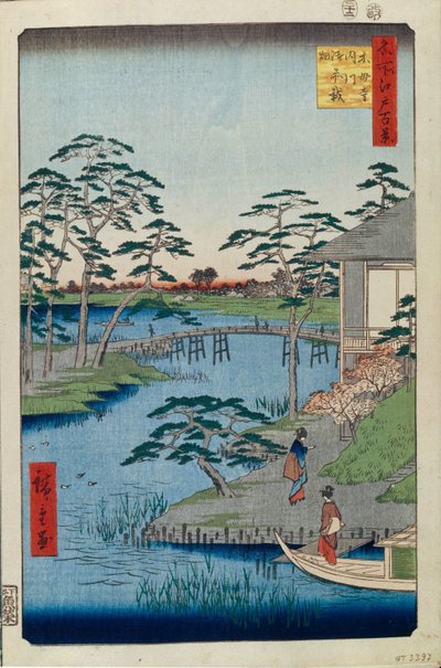 Mokuboji Tempel en groentevelden aan de Uchigawa Inham, Honderd beroemde uitzichten van Edo, 1856-1858 door Utagawa Hiroshige