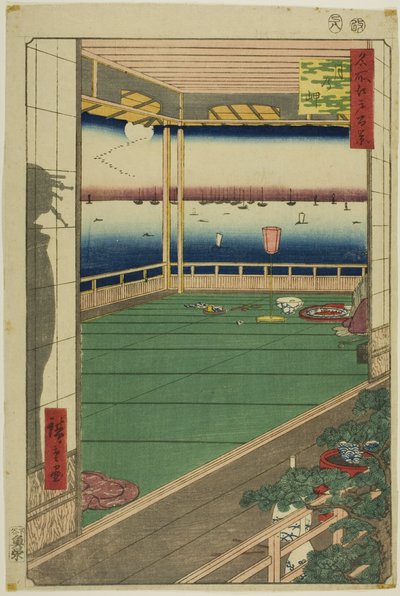Maanuitkijkpunt (Tsuki no misaki), uit de serie "Honderd beroemde vergezichten van Edo (Meisho Edo hyakkei)". door Utagawa Hiroshige