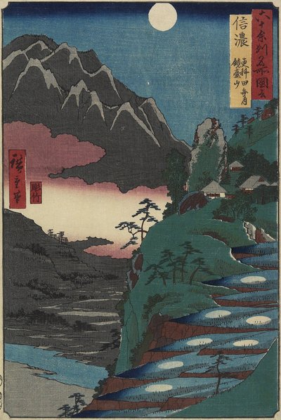 Maanreflecties op rijstvelden aan de voet van de Kyo_dai-berg, Shinano-provincie, juli 1853 door Utagawa Hiroshige