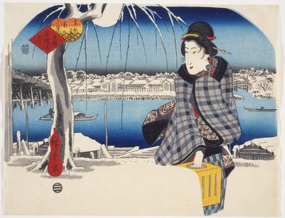 Maan na sneeuw bij Rygoku uit de serie Drie uitzichten op sneeuw op beroemde plaatsen in de oostelijke hoofdstad, ca. 1840 door Utagawa Hiroshige