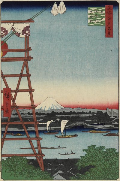 Motoyanagi-brug en Eko_in-tempel in Ryo_goku, mei 1857 door Utagawa Hiroshige