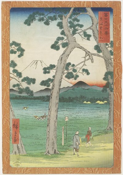 Mt. Fuji aan de linkerkant gezien vanaf de To_kaido_ Road, april 1858 door Utagawa Hiroshige