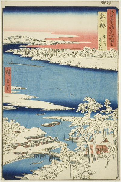 Musashi Provincie: Ochtend na sneeuw op de Sumida Rivier (Musashi, Sumidagawa yuki no ashita), uit de serie "Beroemde plaatsen in de zestig-odd provincies (Rokujuyoshu meisho zue)" door Utagawa Hiroshige