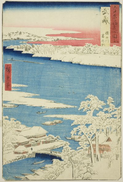 Musashi Provincie: Ochtend na Sneeuw op de Sumida Rivier (Musashi, Sumidagawa yuki no ashita), uit de serie "Beroemde Plaatsen in de Zestig-odd Provincies (Rokujuyoshu meisho zue)" door Utagawa Hiroshige