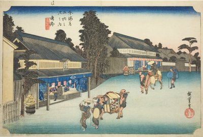 Narumi: Beroemde Tie-dyed Stoffen van Arimatsu, uit de serie "Drieënvijftig Stations van de Tokaido," ook bekend als de Hoeido Tokaido door Utagawa Hiroshige