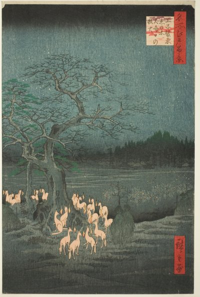 Oudejaarsavond Vossen Vuren bij de Veranderende Boom (Ōji shozoku enoki omisoka no kitsunebi), uit de serie Honderd Beroemde Zichten van Edo (Meisho Edo hyakkei) door Utagawa Hiroshige
