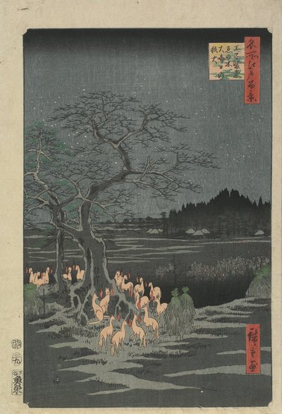 Oudejaarsavond Vossenbranden bij de Hackberry Boom in O_ji, 1857 door Utagawa Hiroshige
