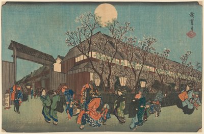 Nachtprocessie onder kersenbloesems langs de Nakanochō in Shin Yoshiwara door Utagawa Hiroshige