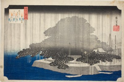 Nachtregen bij Karasaki (Karasaki no yau), uit de serie "Acht Zichten van Omi (Omi hakkei no uchi)" door Utagawa Hiroshige