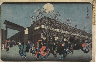 Nachtzicht op Nakanomachi met Kersenbloesems in de Yoshiwara, 1832-1834 door Utagawa Hiroshige