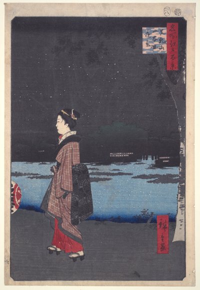 Nachtzicht van Sanya Kanaal, Matsuchi Heuvel uit de serie Honderd Beroemde Zichten van Edo door Utagawa Hiroshige
