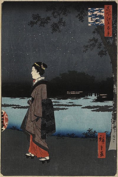 Nachtzicht op het Sanya-kanaal, Matsuchi-heuvel, augustus 1857 door Utagawa Hiroshige