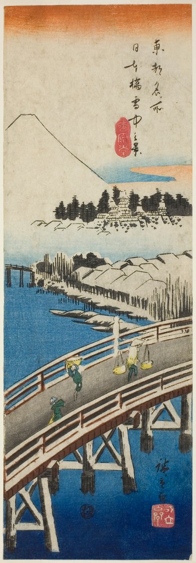 Nihon-brug gezien in de sneeuw (Nihonbashi setchu no kei), uit de serie Beroemde uitzichten in de oostelijke hoofdstad (Toto meisho) door Utagawa Hiroshige