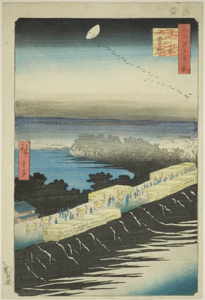 Nihon Embankment, Yoshiwara (Yoshiwara Nihonzutsumi), uit de serie "Honderd beroemde uitzichten van Edo (Meisho Edo hyakkei)" door Utagawa Hiroshige