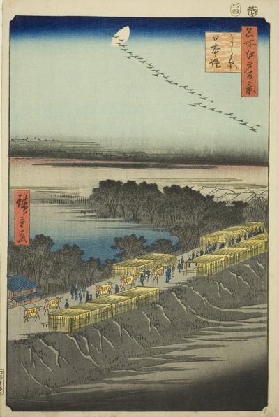 Nihon Embankment, Yoshiwara (Yoshiwara Nihonzutsumi), uit de serie "Honderd beroemde uitzichten van Edo (Meisho Edo hyakkei)" door Utagawa Hiroshige
