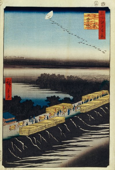 Nihon Embankment en Yoshiwara Honderd beroemde uitzichten van Edo, 1856-1858 door Utagawa Hiroshige