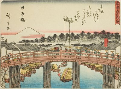 Nihonbashi, uit de serie "Drieënvijftig Stations van de Tokaido (Tokaido gojusan tsugi)," ook bekend als de Tokaido met Gedicht (Kyoka iri Tokaido) door Utagawa Hiroshige
