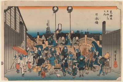 Nihonbashi, uit de serie: Tokaido go ju san tsugi no uchi, 1833-34 of later door Utagawa Hiroshige
