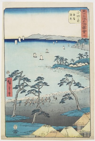 Nr.10 Vissershuis op een strand, Odawara, juli 1855 door Utagawa Hiroshige