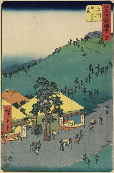 Nr.34 De rustplaats van Sarugababa, Futakawa, juli 1855 door Utagawa Hiroshige