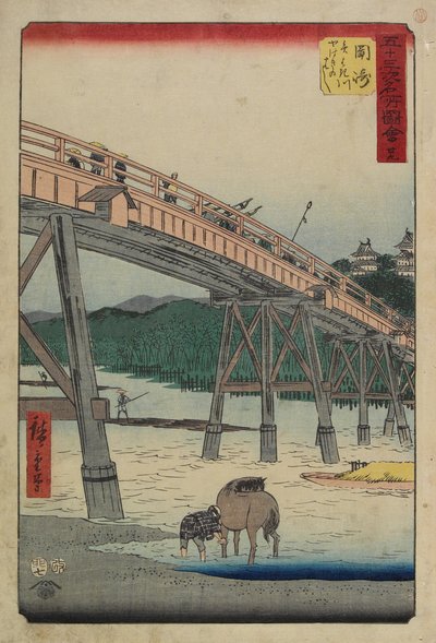 Nr.39 Yahagi Brug over Yahagi Rivier, Okazaki, juli 1855 door Utagawa Hiroshige