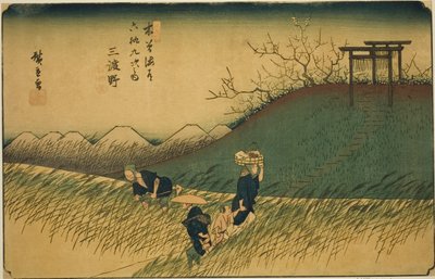 Nr. 42: Midono, uit de serie "Negenenzestig stations van de Kisokaido (Kisokaido rokujukyu tsugi no uchi)" door Utagawa Hiroshige