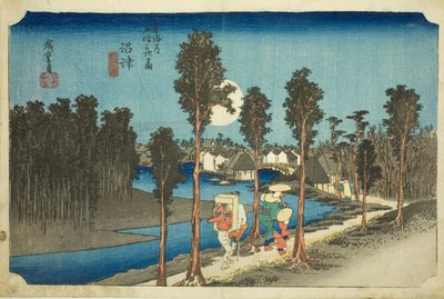 Numazu—Schemering (Numazu—tasogare zu), uit de serie De drieënvijftig stations van de Tōkaidō-weg (Tōkaidō gojūsan tsugi no uchi) door Utagawa Hiroshige