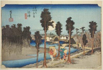 Numazu: Schemering, uit de serie "Drieënvijftig stations van de Tokaido-weg," ook bekend als de Hoeido Tokaido door Utagawa Hiroshige