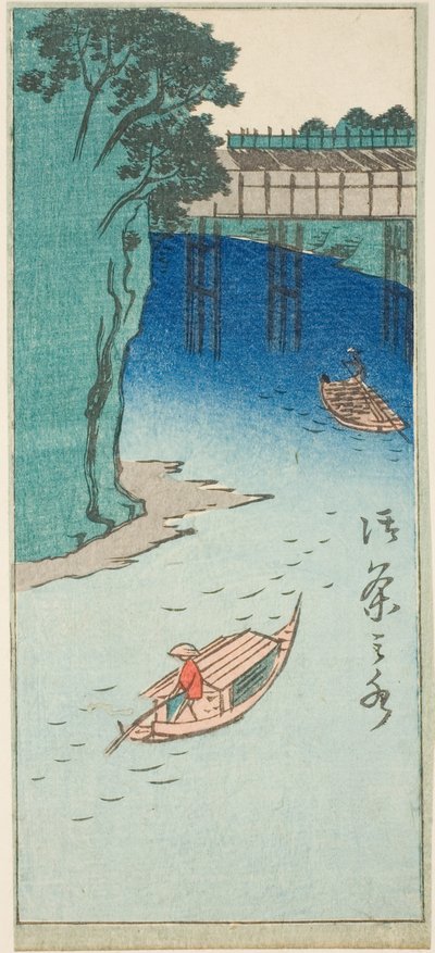 Ochanomizu, deel van een blad uit de serie "Uitgeknipte afbeeldingen van beroemde plaatsen in Edo (Edo meisho harimaze zue)" door Utagawa Hiroshige