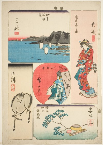 Oiso, Odawara, Hakone, Mishima en Numazu, nr. 3 uit de serie "Uitgeknipte afbeeldingen van de Tokaido" door Utagawa Hiroshige