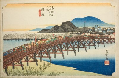 Okazaki: Yahagi-brug, uit de serie "Drieënvijftig Stations van de Tokaido" door Utagawa Hiroshige