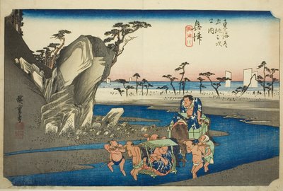 Okitsu: De Okitsu Rivier (Okitsu, Okitsugawa) uit de serie Drieënvijftig Stations van de Tokaido Weg (Tokaido gojusan tsugi no uchi), ook bekend als de Hoeido Tokaido door Utagawa Hiroshige
