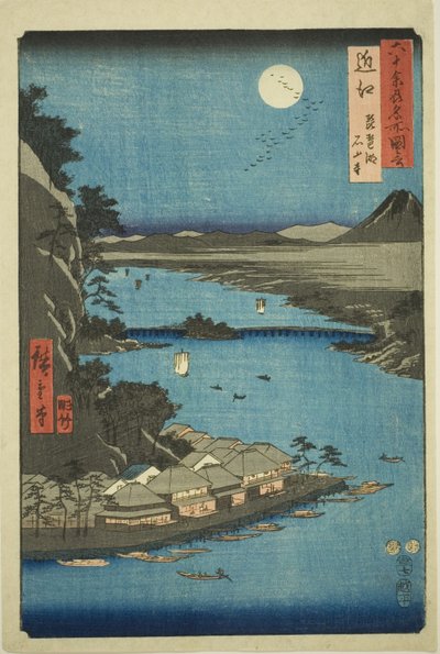 Omi Provincie: Biwa-meer en Ishiyama-tempel (Omi, Biwako Ishiyamadera), uit de serie "Beroemde plaatsen in de zestig-odd provincies (Rokujuyoshu meisho zue)" door Utagawa Hiroshige