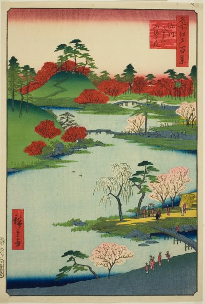 Opening van de tuin bij de Fukagawa Hachiman-schrijn (Fukagawa Hachiman yamabiraki), uit de serie "Honderd beroemde zichten van Edo (Meisho Edo hyakkei)" door Utagawa Hiroshige
