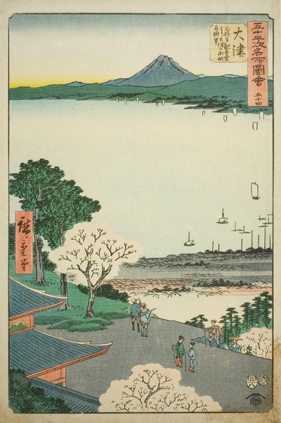 Otsu: Ver uitzicht op Otsu en het meer vanaf de Kannon Hal van de Mii Tempel (Otsu, Miidera Kannondo yori Otsu no machi kosui chobo), nr. 54 uit de serie "Beroemde bezienswaardigheden van de drieënvijftig stations (Gojusan tsugi meisho zue)" door Utagawa Hiroshige