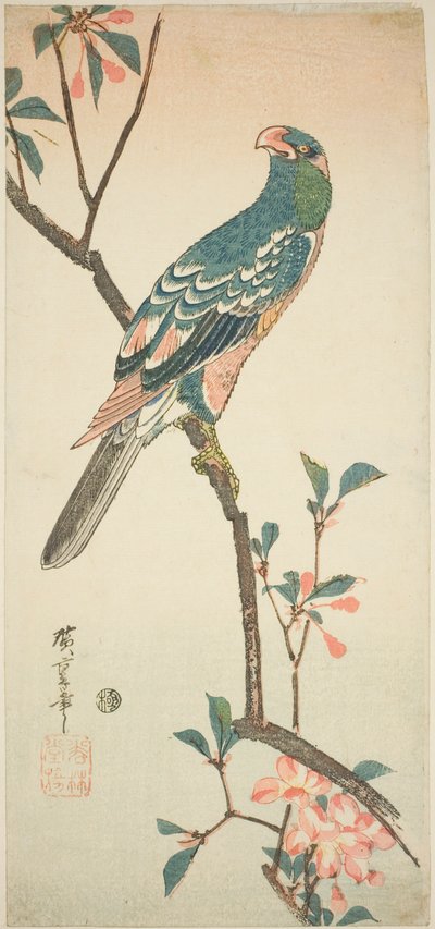 Papegaai op een bloeiende tak door Utagawa Hiroshige