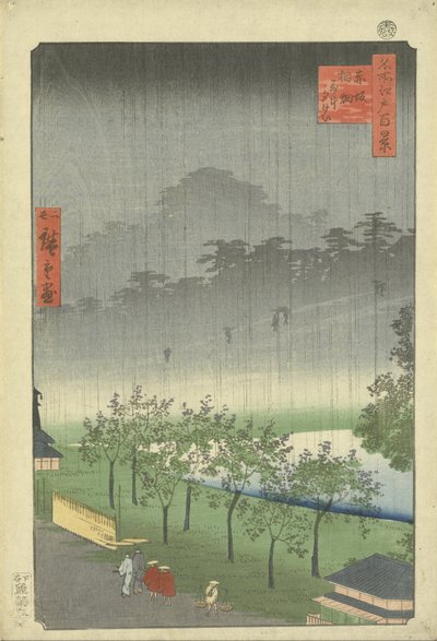 Paulownia-plantage in Akasaka in de avondregen door Utagawa Hiroshige