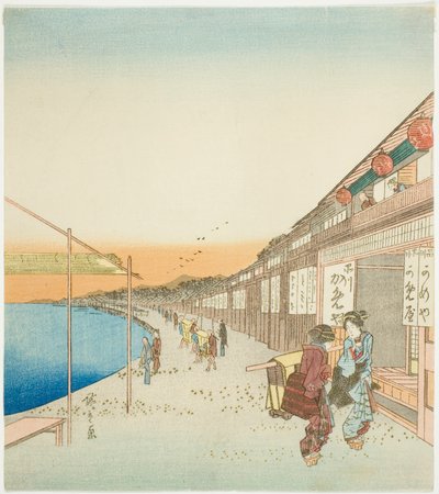 Voetgangers en winkels bij de haven van Shinagawa door Utagawa Hiroshige