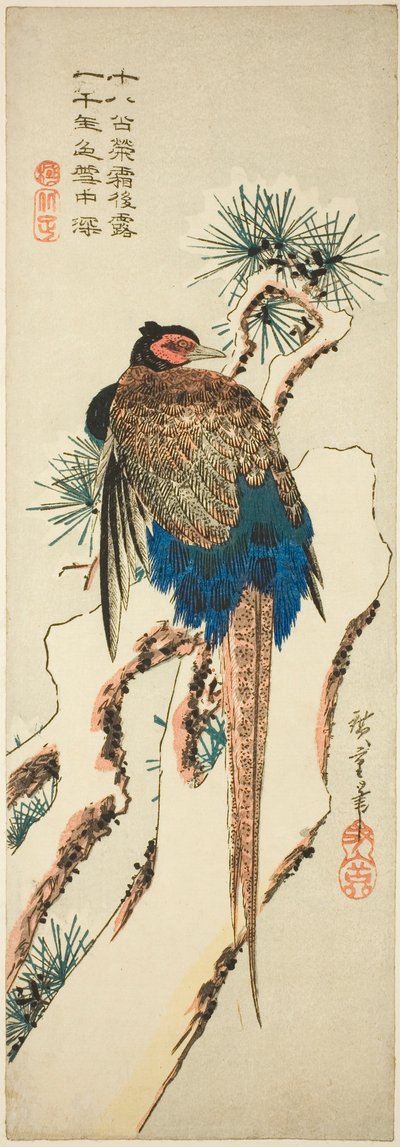 Fazant op een met sneeuw bedekte dennenboom door Utagawa Hiroshige