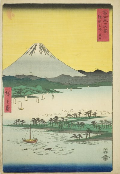 Pijnboomstrand bij Miho in de provincie Suruga, uit de serie "Zesendertig Zichten op de Berg Fuji" door Utagawa Hiroshige