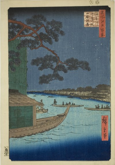 Pijnboom van Succes en Oumayagashi, Asakusa Rivier (Asakusagawa Shubi no matsu Oumayagashi), uit de serie "Honderd Beroemde Uitzichten van Edo (Meisho Edo hyakkei)" door Utagawa Hiroshige