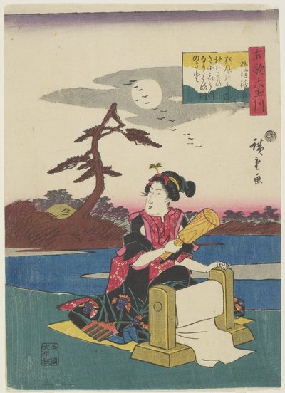 Zijde stampen in de provincie Settsu, 1843-1847 door Utagawa Hiroshige