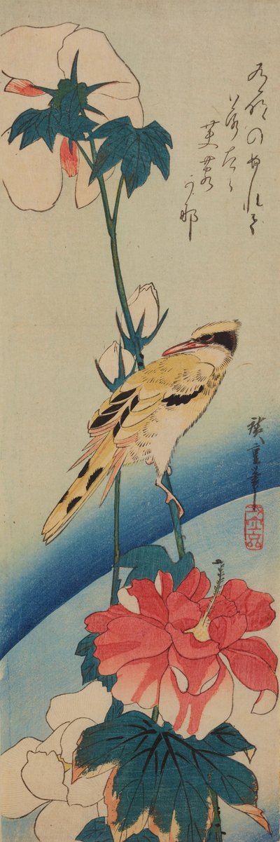 Vogel (Gelber Zimtkopf) auf einem Ast der Chinesischen Rose / Fuyo-ni koraiuguisu door Utagawa Hiroshige