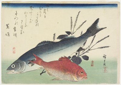 Rode snapper, zeebaars en perilla, c. 1840 door Utagawa Hiroshige