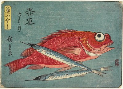 Rode Snapper en Halfbeak, 1830-1844 door Utagawa Hiroshige