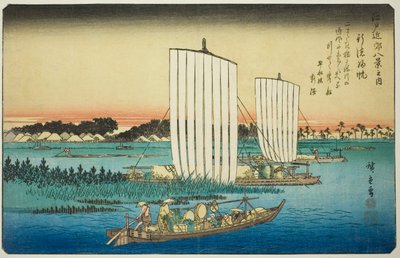 Terugkerende zeilen bij Gyotoku (Gyotoku no kihan), uit de serie "Acht uitzichten in de omgeving van Edo (Edo kinko hakkei no uchi)" door Utagawa Hiroshige